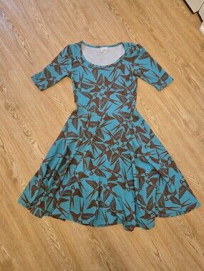 Lularoe Nicole Teal Bird Print Fit-and-Flare Dress